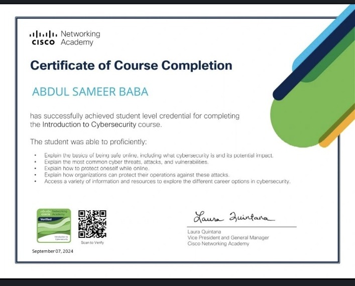 Cisco Introduction to Cybersecurity Certificate