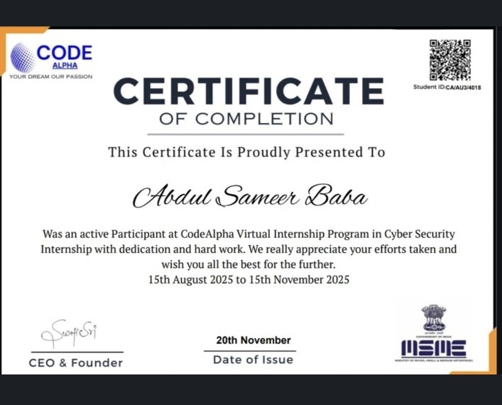 CodeAlpha Cybersecurity Internship Certificate
