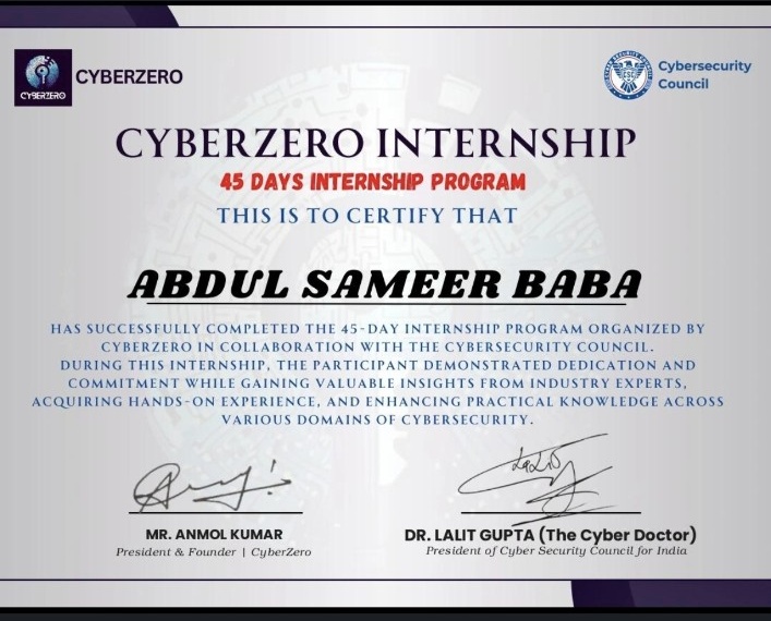 CyberZero Internship Certificate