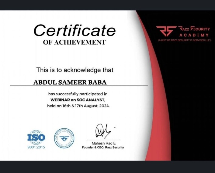 SOC Analyst Webinar Certificate